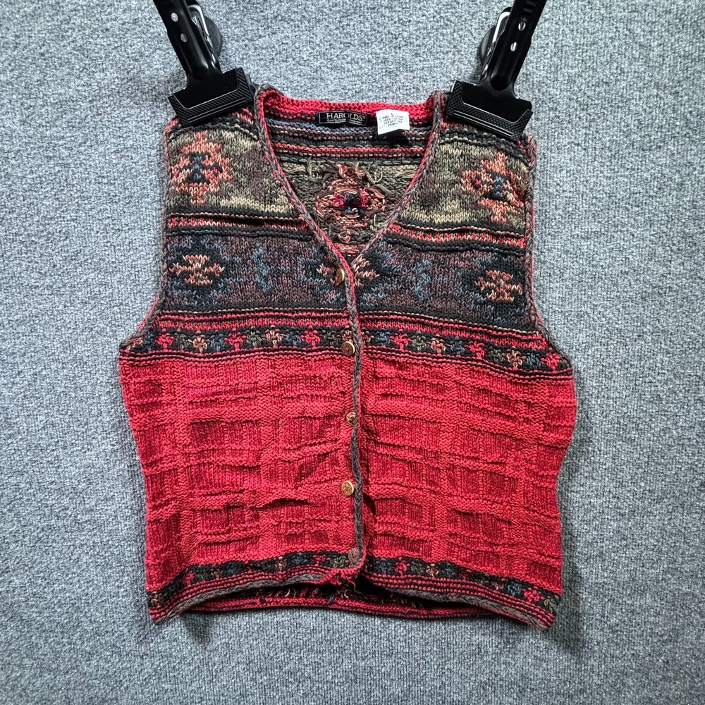 Vintage Harold's Cardigan Vest Sweater Women's L Red Aztec Cotton Tight-Knit